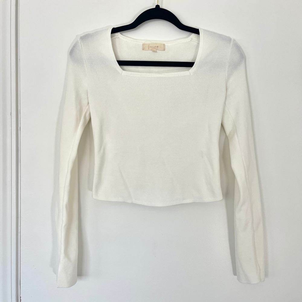 Fanco White Square Neck‎ Long Sleeve Crop Top Knit Blouse Women's Size Small